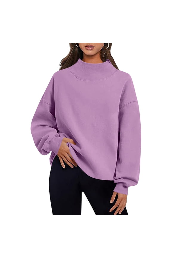 Womens 100% Polyester Mock Neck Sweatshirt - Oversized Drop Shoulder, Purple Long Sleeve Ribbed Cuffs for Casual & Loungewear (S-XXL),Size L