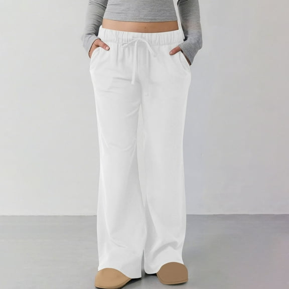 SYMOID Womens 100% Polyester Wide-Leg Pants with Drawstring Elastic Waist & Side Pockets, Flowy Relaxed Fit, White,Size S