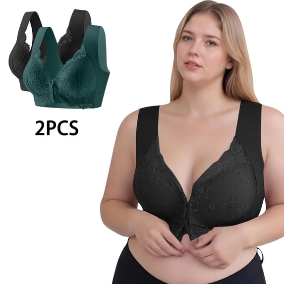 SYMOID Womens 2 Pack Front Closure Wireless Bras - Black, Size M - Comfortable Lace, Wide Straps - for Nursing, Easy to Put On & Everyday Wear
