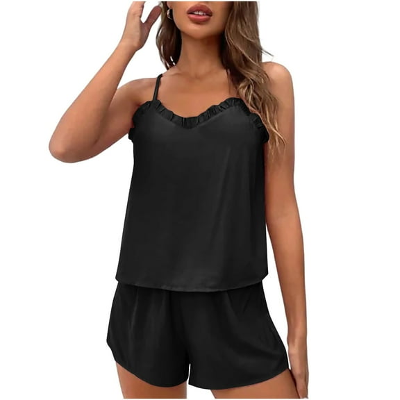 SYMOID Womens 2 Piece Ultra-Soft Stretch Loungewear Set - Black Camisole & Shorts, Loose Fit, S-XXL for Home Lounging/Sleepwear,Size M