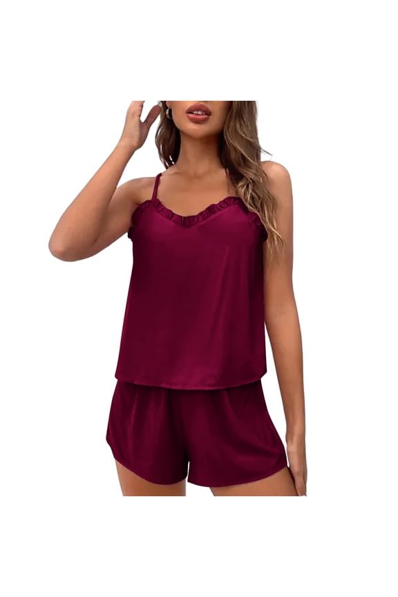 Womens 2-Piece Wine Pajama Set - Spaghetti Strap Camisole & Shorts, Polyester Spandex, S-XXL,Size M