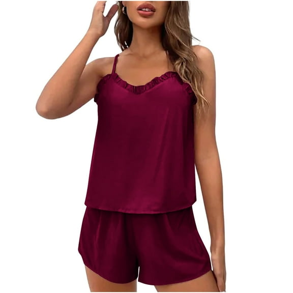 SYMOID Womens 2-Piece Wine Pajama Set - Spaghetti Strap Camisole & Shorts, Polyester Spandex, S-XXL,Size S