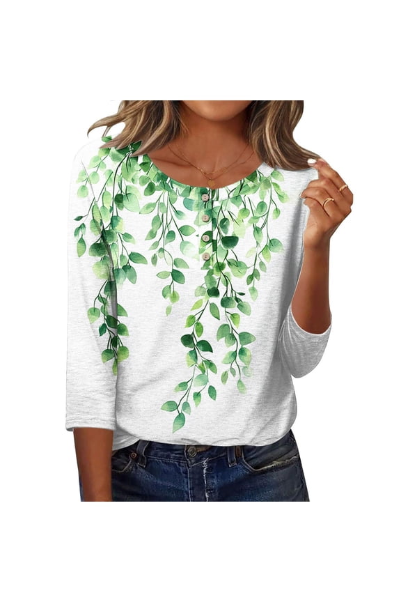 Womens 3/4 Sleeve Casual Blouse Leaf Print Multicolor Soft Stretchy Lightweight Tunic Top,Size L