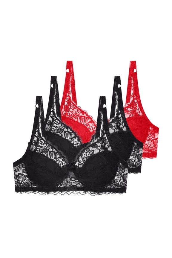 Womens 3 Pack Red Lace Bra Set - Soft Stretch Adjustable Straps, Everyday Comfort Bras, US 34B-44C Value Lingerie,Size 90B