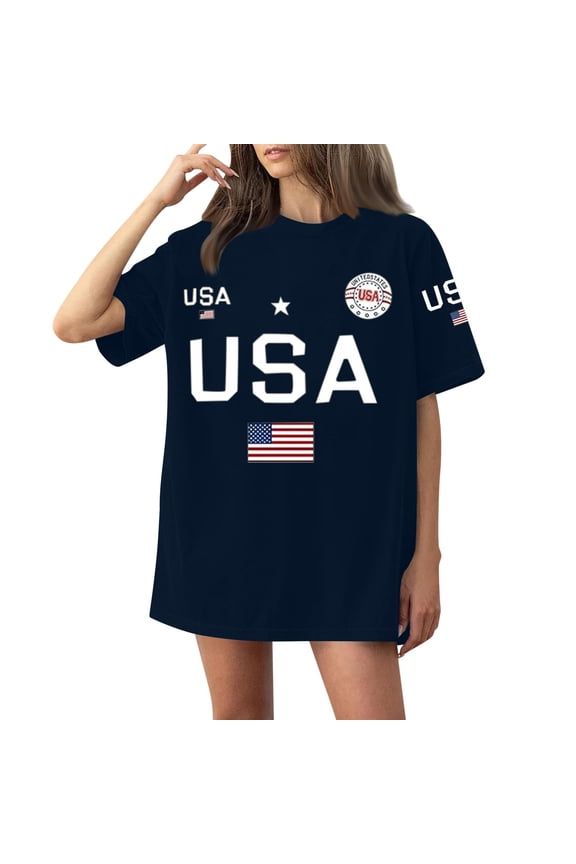 Womens 4th of July American Flag T-Shirt Patriotic Oversized Navy Short Sleeve Crewneck S-XXXL,Size 2XL