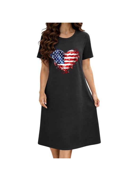 Womens 4th of July Patriotic American Flag Heart Print Short Sleeve Midi Nightgown Dress Black S-5XL,Size S