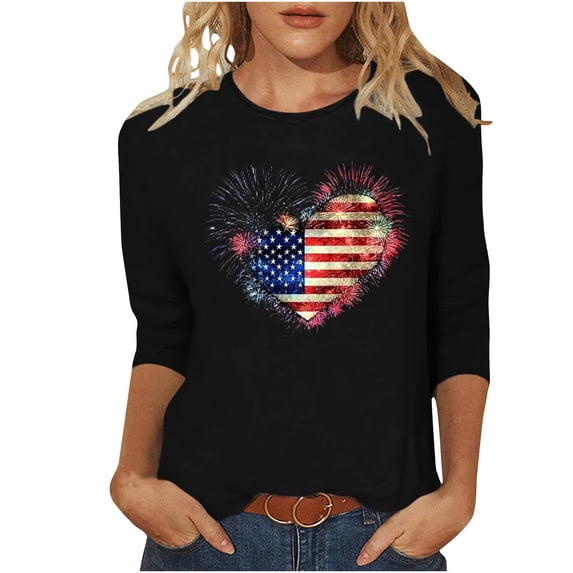 SYMOID Womens 4th of July Shirt Patriotic Heart American Flag 3/4 Sleeve Top Crew Neck Black,Size 3XL