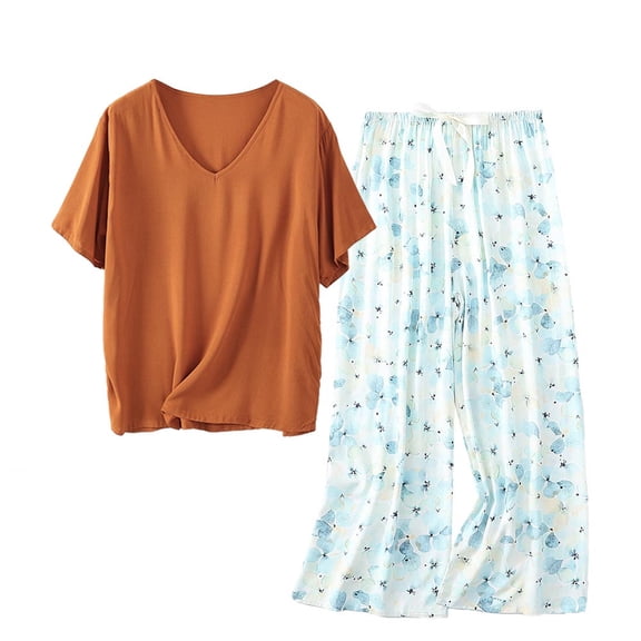 SYMOID Womens All Season Casual Floral Short Sleeve V - Neck Matching Pajama Sets with Elastic Waist,Brown,Size Free Size