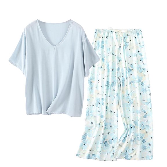 SYMOID Womens All Season Casual Floral Short Sleeve V - Neck Matching Pajama Sets with Elastic Waist,Light Blue,Size Free Size