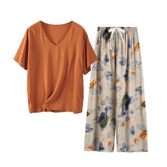 SYMOID Womens All Season Casual Short Sleeve V - Neck Matching Pajama Sets with Elastic Waist for Beach,Brown,Size Free Size