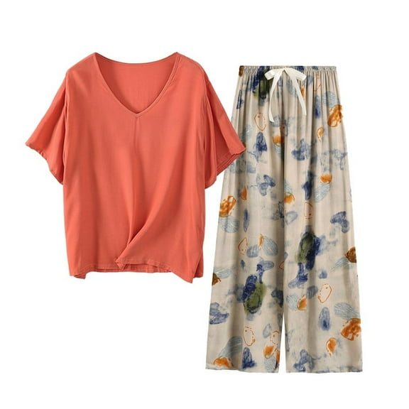 SYMOID Womens All Season Casual Short Sleeve V - Neck Matching Pajama Sets with Elastic Waist for Beach,Orange,Size Free Size