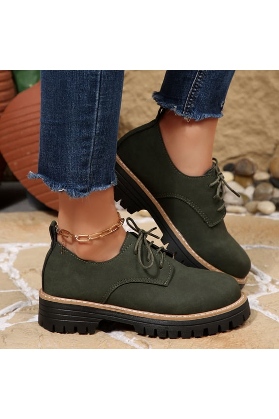 Womens Army Green Vintage Chunky Derby Shoes - Comfortable Pu Material, Lace-Up Round Toe with Foot Support, Easy-Clean for Daily Casual Outings,Size 36