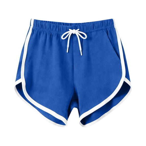 SYMOID Womens High Waisted Athletic Shorts with Pockets and Drawstring - Dolphin Hem Workout Running Shorts 3 Pack (Blue),Size M