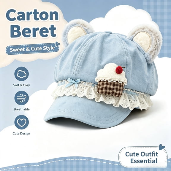 SYMOID Womens Bear Ear Newsboy Cap, Light Blue Adjustable Beret Hats,Size Free Size