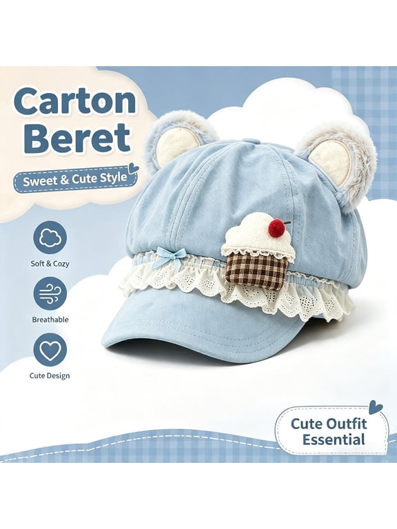 Womens Bear Ear Newsboy Cap, Light Blue Adjustable Beret Hats,Size Free Size
