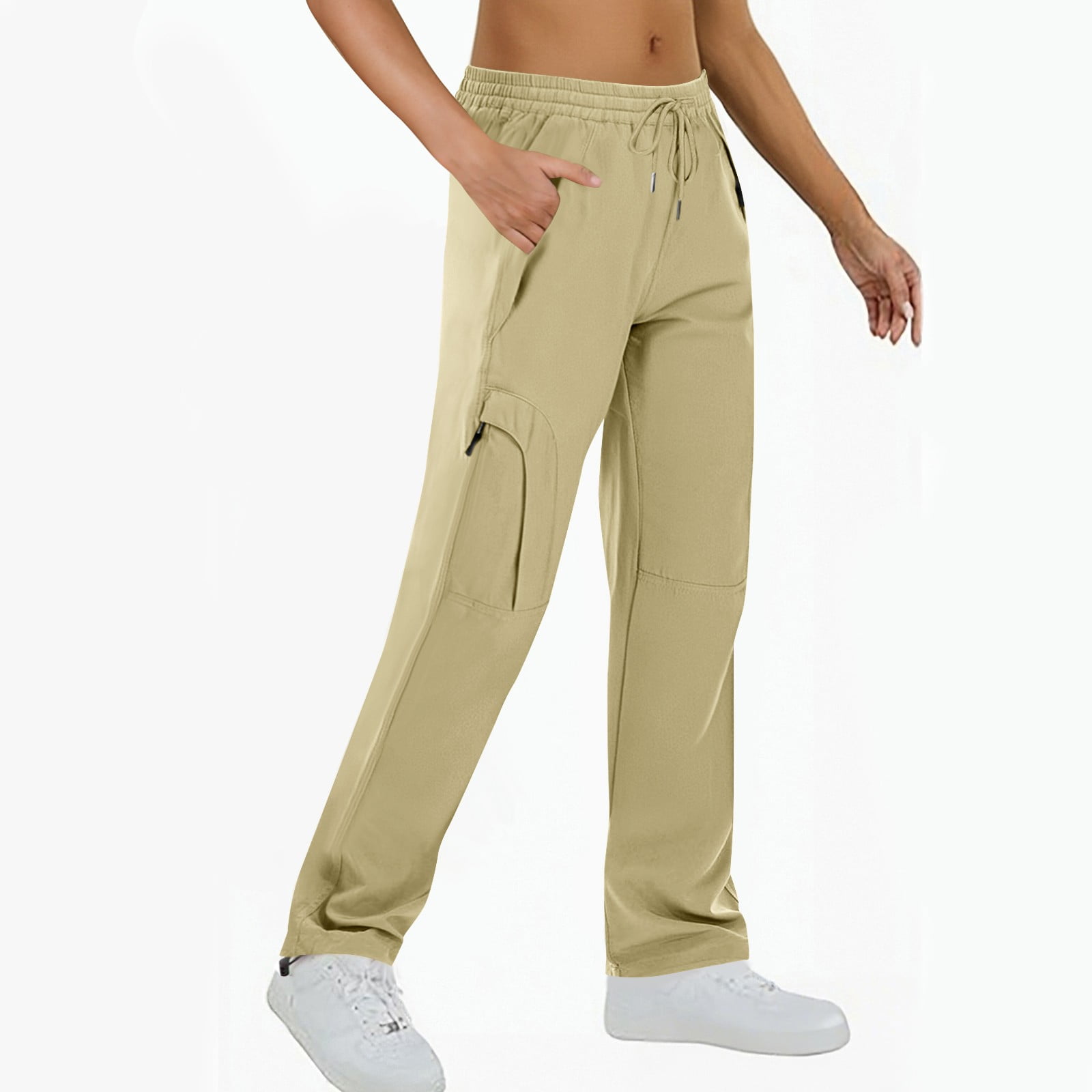 Womens Beige Cargo Pants - 100% Polyester, Multi-Pocket, Elastic Waist Drawstring, Relaxed Straight Leg, Wrinkle-Resistant for Casual & Outdoor,Size XL