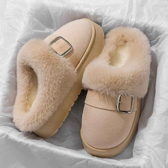 SYMOID Womens Beige Faux Faux Fur Mule Slippers - Warm Cozy Flock Upper Slip-on with Metallic Buckle, Cushioned Sole for Fall Winter,Size 40