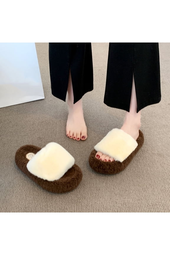 Womens Beige Fuzzy Slippers - Open-Toe Pl-Sh Strap Warm Comfortable House Slippers for Daily Home & Short Outdoor Use, Nylon Spandex Material, Sizes 36-40,Size 36