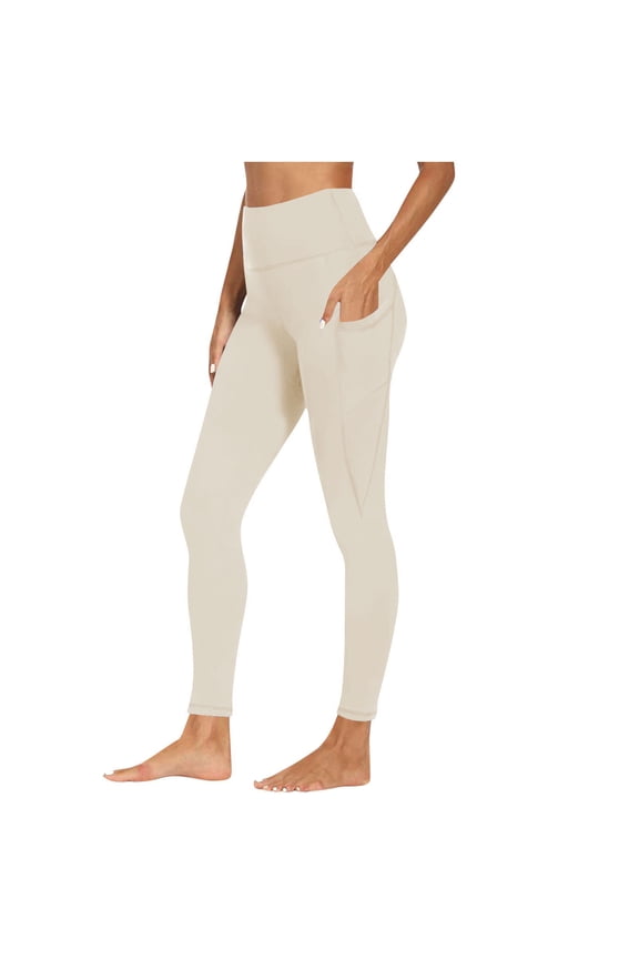 Womens Beige High Waisted Leggings with Side Pockets - Polyester Spandex, Tummy Control, Full Length, Stretchable & Durable for Workout & Casual,Size L