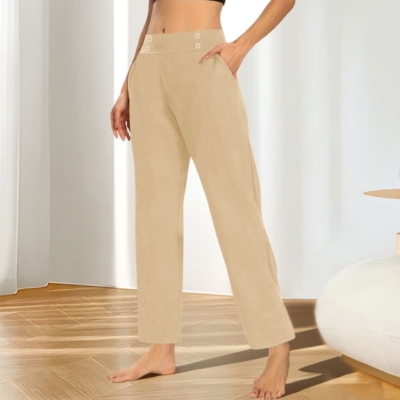 SYMOID Womens Beige High Waisted Straight Leg Pants - Stretchy Polyester Spandex, Casual Lounge with Button Accents & Side Pockets,Size XL