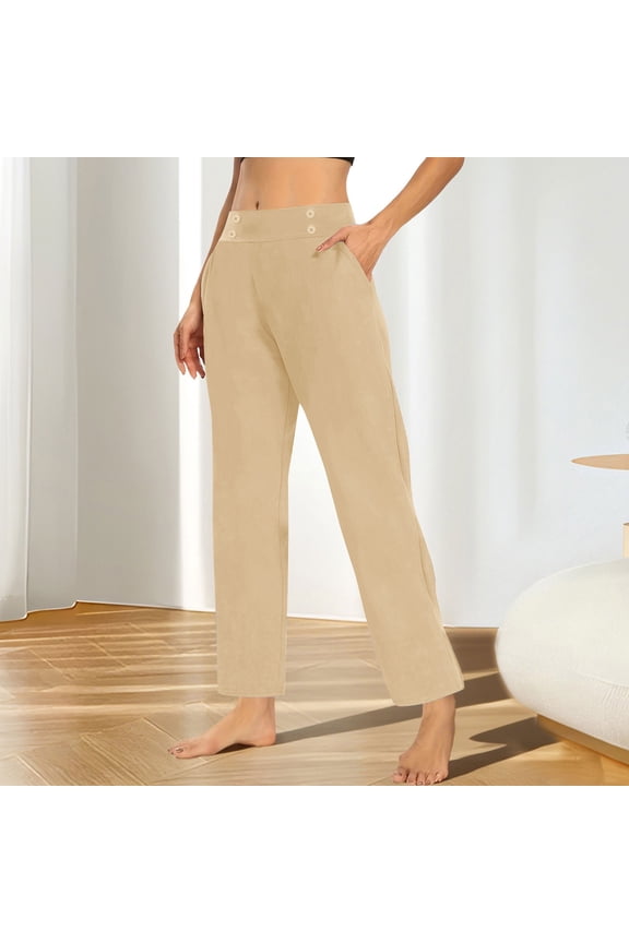 Womens Beige High Waisted Straight Leg Pants - Stretchy Polyester Spandex, Casual Lounge with Button Accents & Side Pockets,Size XL