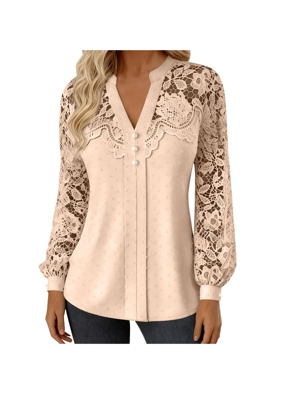 Womens Beige Lace Blouse Long Sleeve V-Neck Tunic Top with Sheer Bishop Sleeves and Pearl Buttons, Relaxed Fit Casual Dressy Work Top,Size M