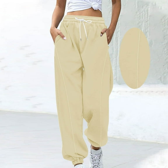 SYMOID Womens Beige Loose Fit 100% Polyester Pants with Elastic Waist Drawstring, Side Pockets & Cuffed Ankles - - Casual Lounge Gym Streetwear,Size S