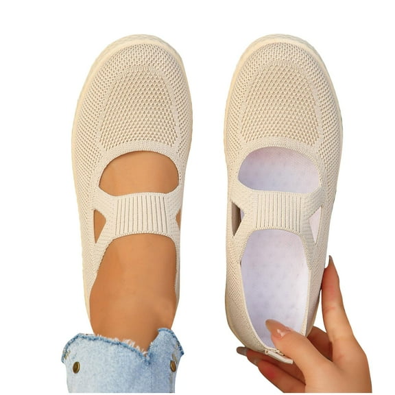 SYMOID Womens Beige Mary Jane Mesh Casual Shoes - Breathable Lightweight Comfortable Slip-on Flats with Cushioned Sole for Everyday Wear, Shopping & Outdoor Walks,Size 39