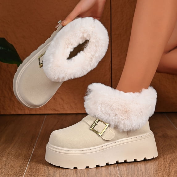 SYMOID Womens Beige Platform Ankle Snow Boots - Faux Faux Fur Collar Fleece Lined Warm Winter Boots with Gold Buckle & Anti-Slip Rubber Sole,Size 39