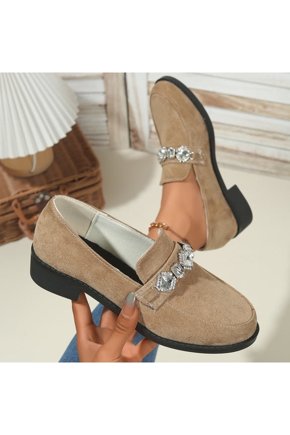 Womens Beige Rhinestone Slip-on Loafers - Low Block Heel, Round Toe, Comfortable Flock Material,Size 40