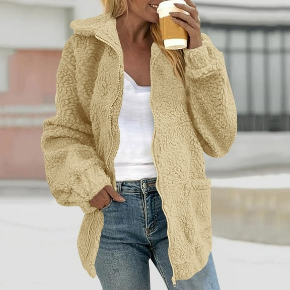 SYMOID Womens Beige Sherpa Fleece Jacket - Oversized Fit, 100% Polyester, Warm Full-Zip with Stand Collar & Side Pockets for Cool Days/Daily Wear,Size XL