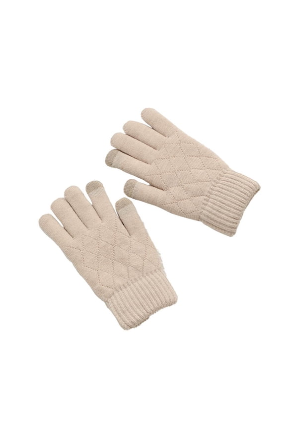 Womens Beige Touchscreen Gloves - 100% Acrylic Winter Knit Gloves with Diamond Pattern & Ribbed Cuffs, Free Size for Daily Commute, 1 Pair,Size Free Size