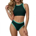 thumbnail image 1 of SYMOID Womens Bikini Set High Neck High Waisted Sporty Two Piece, Cheeky Bottom Green with Mint Contrast Binding, Quick Dry Chlorine Resistant Nylon Spandex S-XXL,Size XL, 1 of 9