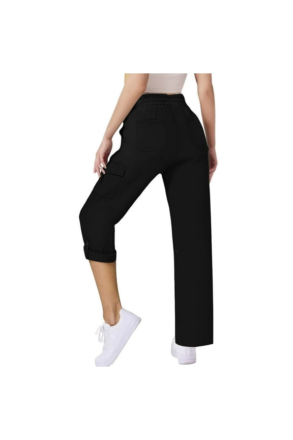 Womens Black Cargo Pants | 100% Polyester, Lightweight, Wrinkle Resistant, Elastic Waist, Multi-Pockets,Size L