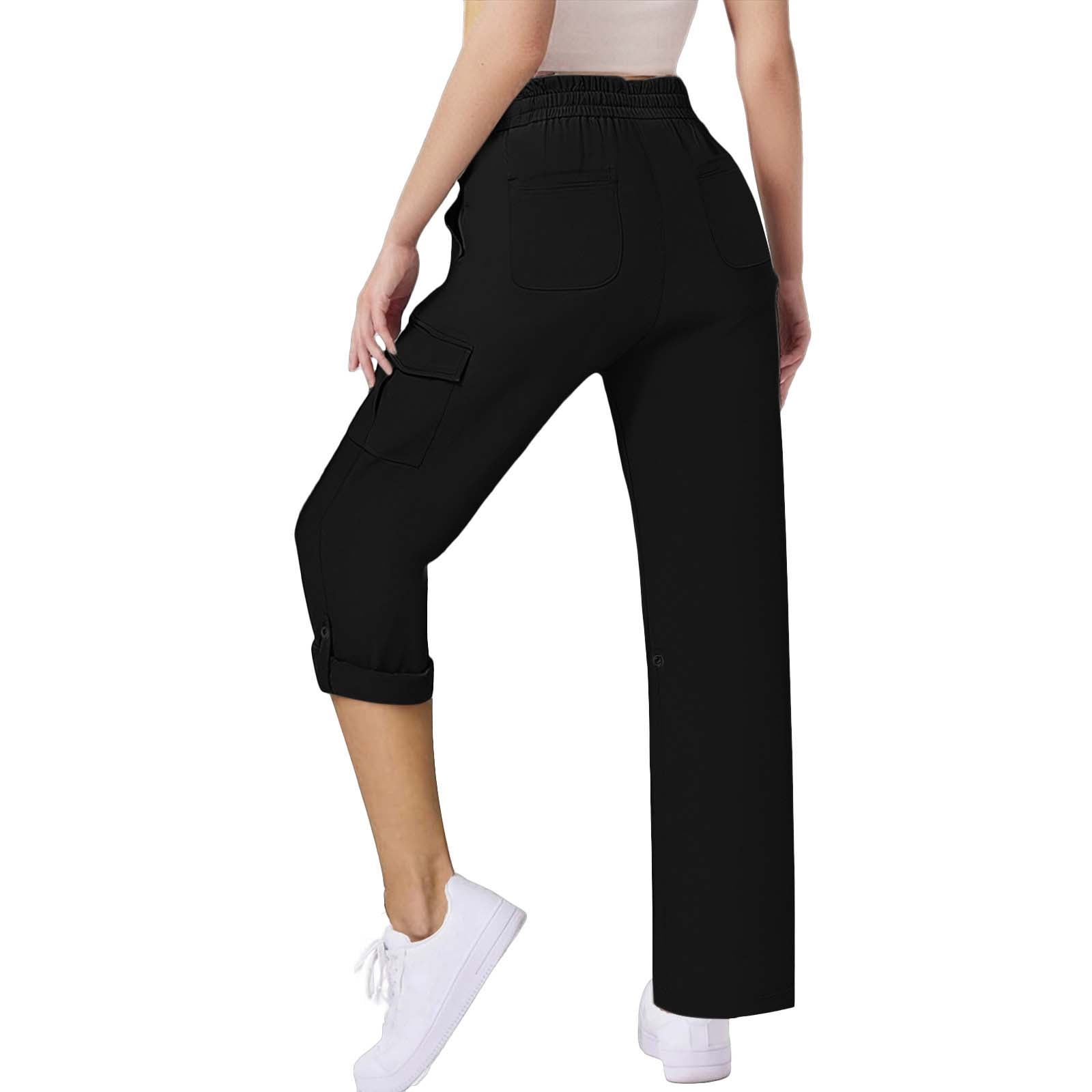 Womens Black Cargo Pants | 100% Polyester, Lightweight, Wrinkle Resistant, Elastic Waist, Multi-Pockets,Size XL