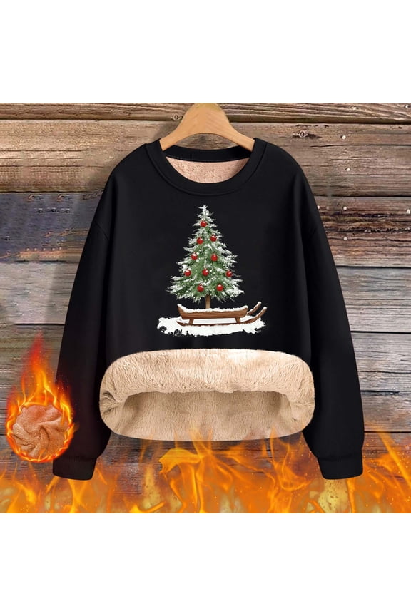 SYMOID Womens Black Christmas Sweatshirt - Fleece Lined Thermal Pullover with Christmas Tree & Sleigh Print, Loose Crew Neck Soft Polyester Holiday Sweatshirt,Size 3XL