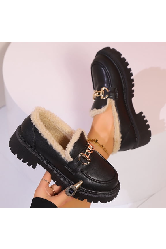 Womens Black Chunky Platform Loafers - Faux Shearling Lined Winter Warm Pu Shoes with Metal Chain, Comfortable Durable Slip-on Loafers for Daily Wear,Size 37