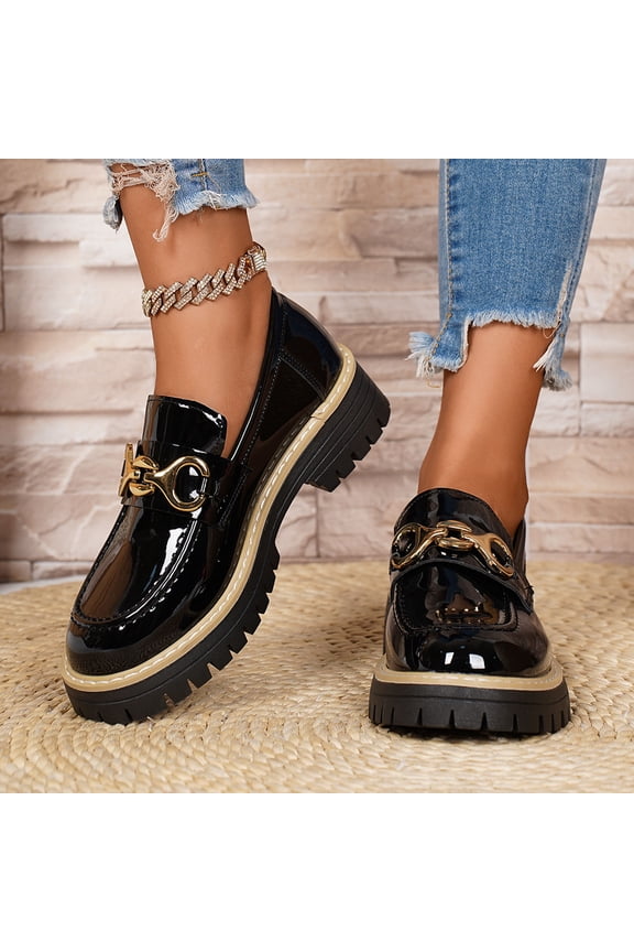 Womens Black Chunky Platform Loafers - Slip-on Patent Pu Shoes with Metal Horsebit Detail, Round Toe, Wide Size 36-43 for Daily Casual Office Wear,Size 41