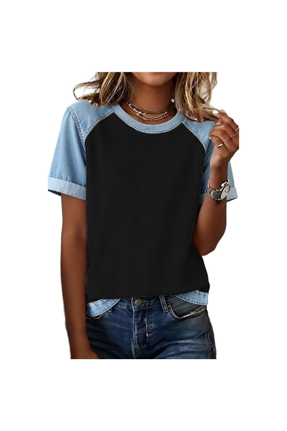 Womens Black Denim Contrast Raglan Sleeve Top | Color Block Casual Tee | Soft Polyester Relaxed Fit Shirt,Size 2XL