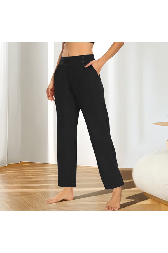Womens Black High Waisted Straight Leg Pants - Stretchy Polyester Spandex, All-Day Comfort with Button Accents & Side Pockets,Size M