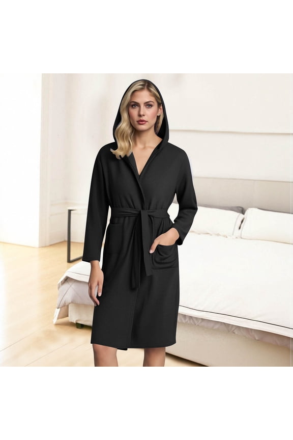 Womens Black Hooded Bathrobe - Soft Stretch Knee-Length Style with Self-Tie Waist & Pockets, Cozy Post-Shower Loungewear for Women, S-XXL Sizes,Size S