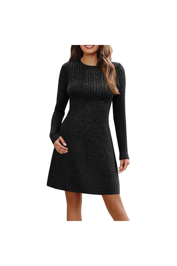 Womens Black Long Sleeve Knit Dress - Fall Winter A-line Knee-Length, Waist-Defining with Pockets, 100% Polyester, S-XXL,Size L