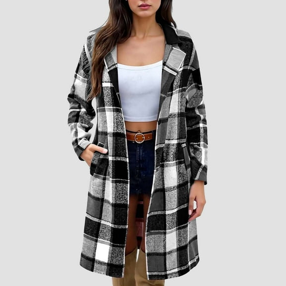 SYMOID Womens Black Plaid Wool Blend Mid-Length Long Coat - Warm for Fall Winter, Inclusive Sizing S-XXL, Open-Front Casual Outerwear,Size 2XL