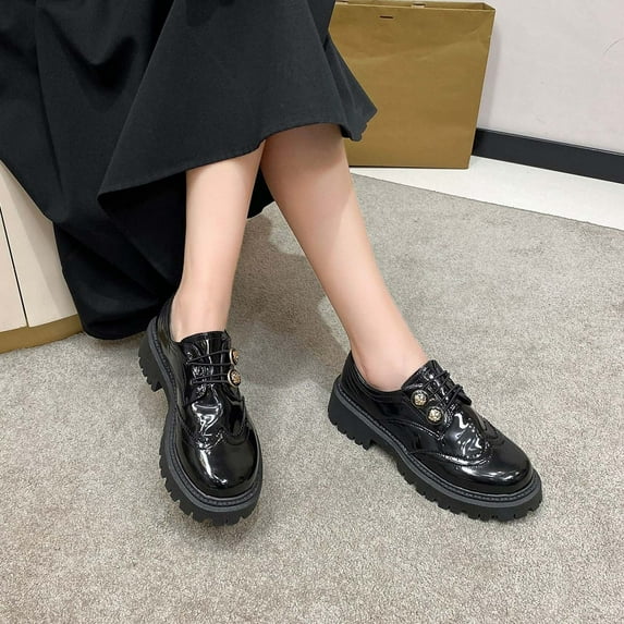 SYMOID Womens Black Platform Brogue Shoes - Pu Faux Leather Chunky Sole Lace-Up Comfortable Vintage-Modern Footwear for Women Size 36-42,Size 42