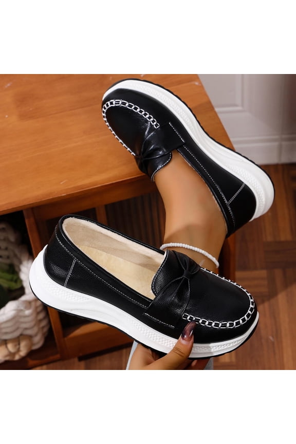 Womens Black Platform Loafers - Comfortable Pu Faux Leather Shoes with Bow Accent, Shock-Absorbent Slip-Resistant Sole, Wide Size 36-43 for Work & Casual Wear,Size 39