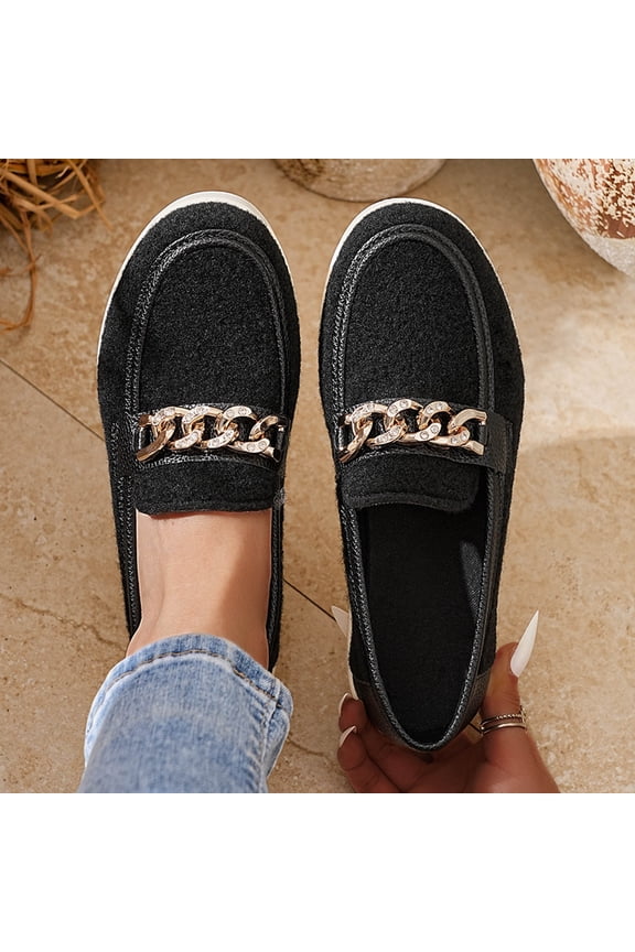 Womens Black Platform Loafers - Pu Faux Leather with Gold Metallic Chain, All-Day Comfort Cushioned Sole, Versatile for Daily Casual & Office Wear,Size 36