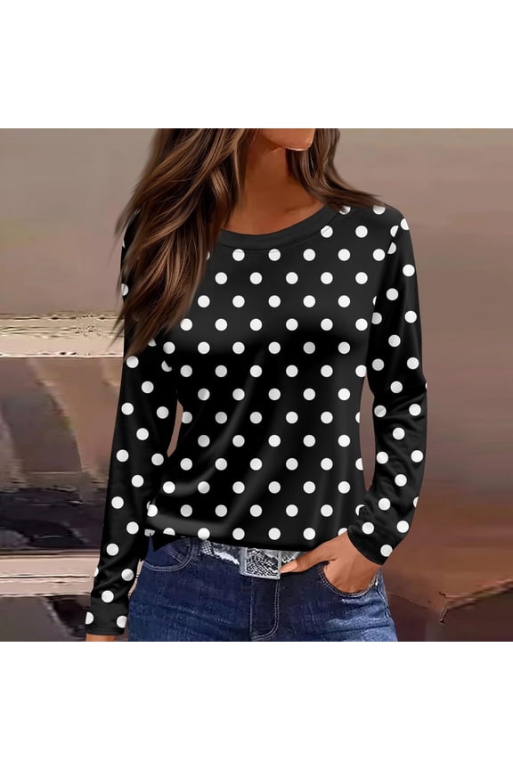 Womens Black Polka Dot Long Sleeve Crew Neck Top - 95% Polyester 5% Spandex, Comfortable Stretch, S-XXL Sizes, Casual & Office Wear,Size XL