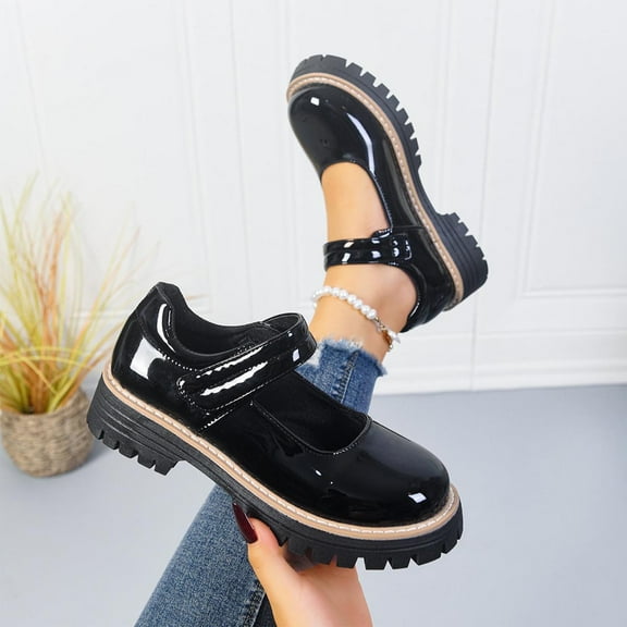 SYMOID Womens Black Re-Ro Y2-2K Platform Mary Jane Shoes - Chunky Anti-Slip Sole Glossy Pu Hook-and-Loop Strap Comfortable Durable Us 5.5-9,Size 37