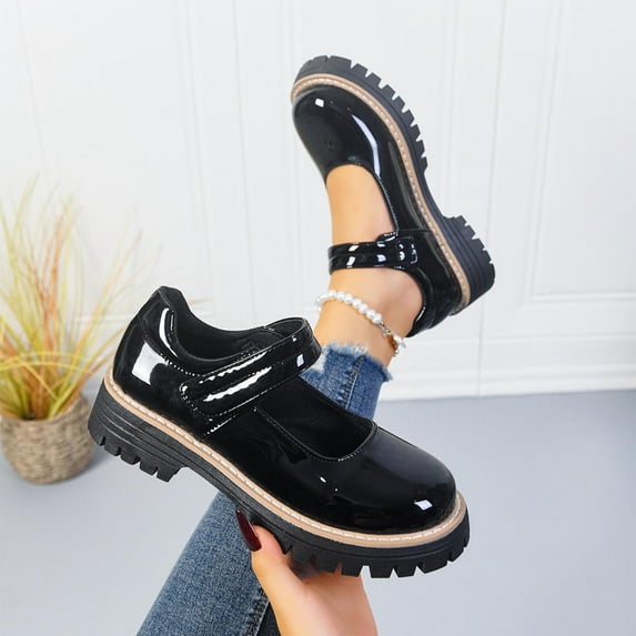SYMOID Womens Black Re-Ro Y2-2K Platform Mary Jane Shoes - Chunky Anti-Slip Sole Glossy Pu Hook-and-Loop Strap Comfortable Durable Us 5.5-9,Size 41