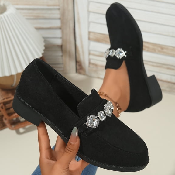 SYMOID Womens Black Rhinestone Slip-on Loafers - Low Block Heel, Textured Flock Material, Round Toe,Size 36